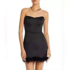 Aqua Strapless Black Feather-Hem Cocktail Dress